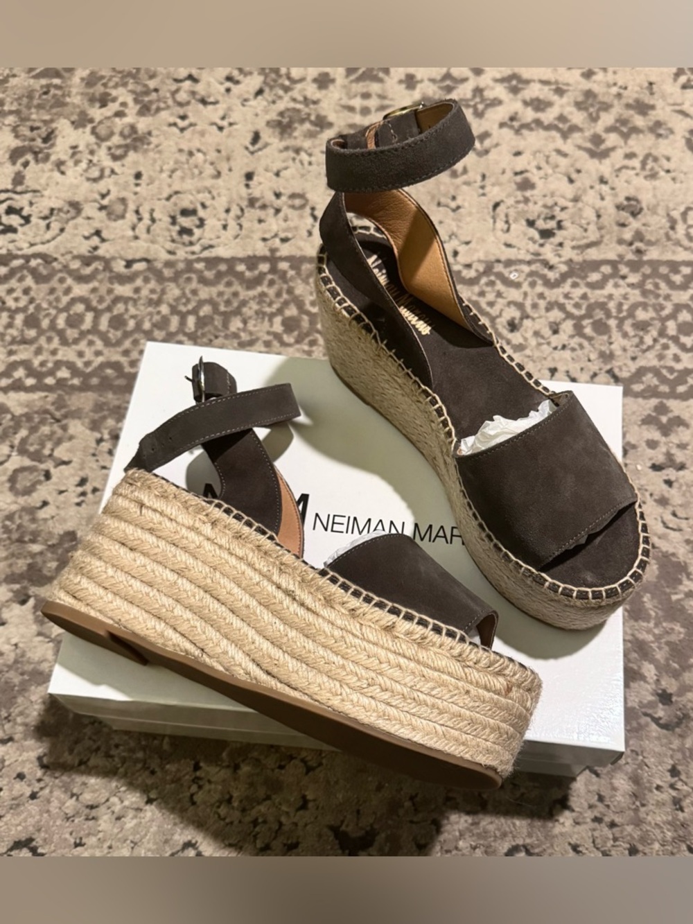 Neiman Marcus Women's Brown Suede Espadrille Wedge Sandals